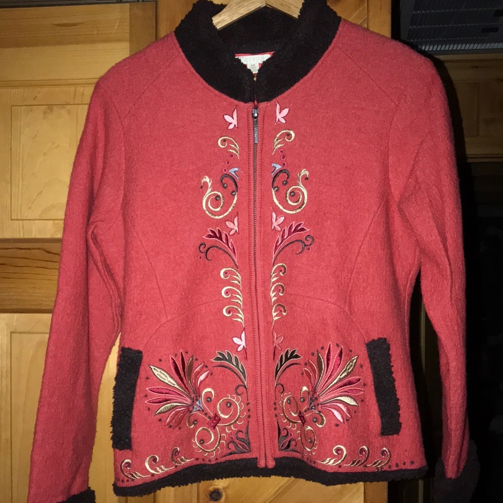 Beautiful CARSON BOILED Wool Embroidered Zipped Sweater size S